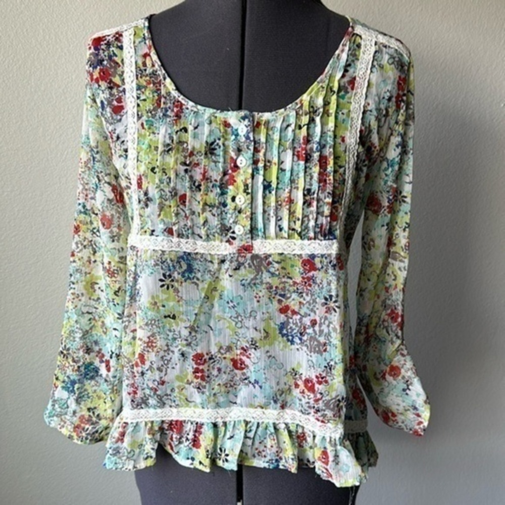 American Rag top size small floral romantic lace pleated ruffled adjustable